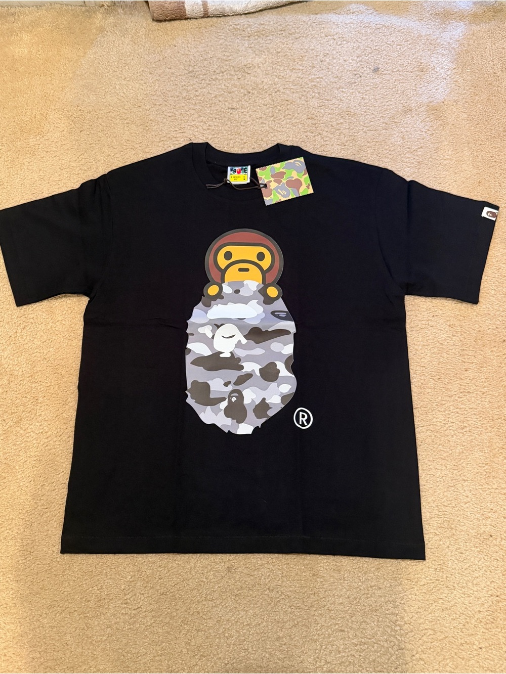 Bape Black Short Sleeve Tee with Grey Camo Baby Milo Graphic